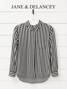 Jane & Delancey Black & White Striped Button-Up Shirt – Size L – NWT